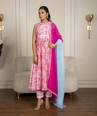 Neon pink chanderi floral printed anarkali set 4