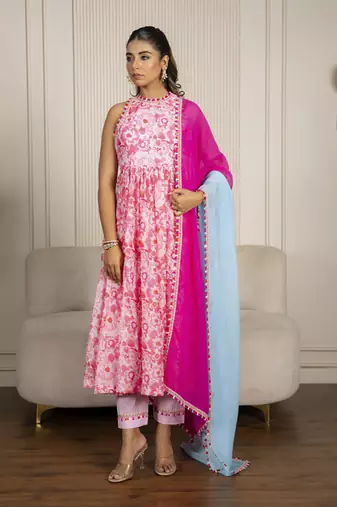Neon pink chanderi floral printed anarkali set