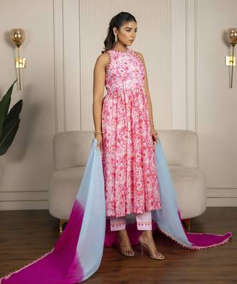 Neon pink chanderi floral printed anarkali set 5
