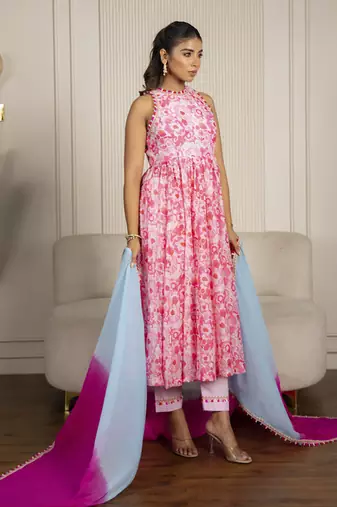 Neon pink chanderi floral printed anarkali set