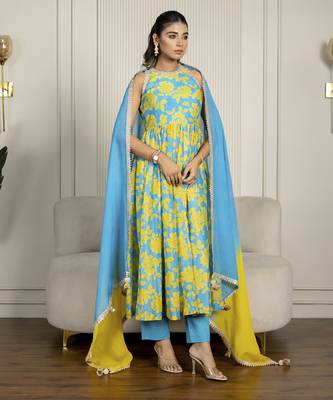 Teal blue & yellow chanderi floral printed anarkali set 1