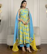 Teal blue & yellow chanderi floral printed anarkali set