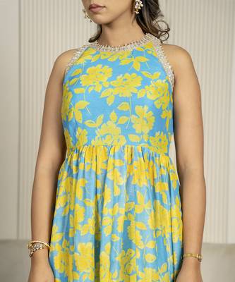 Teal blue & yellow chanderi floral printed anarkali set 2