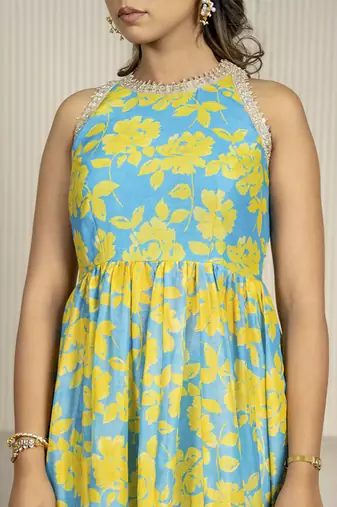 Teal blue & yellow chanderi floral printed anarkali set