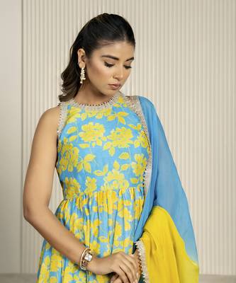 Teal blue & yellow chanderi floral printed anarkali set 4