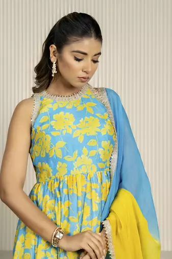 Teal blue & yellow chanderi floral printed anarkali set