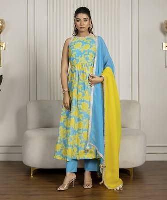 Teal blue & yellow chanderi floral printed anarkali set 5