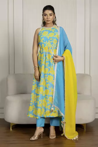 Teal blue & yellow chanderi floral printed anarkali set