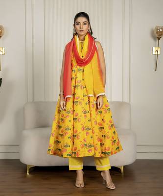 Yellow chanderi floral printed anarkali set 1