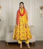 Yellow chanderi floral printed anarkali set