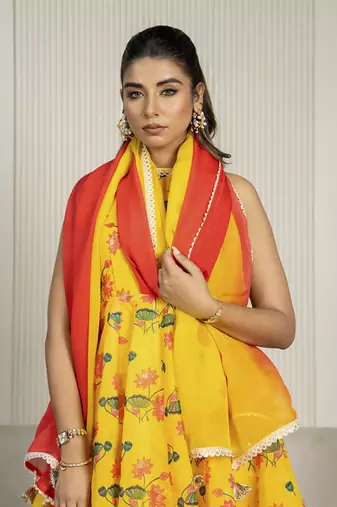 Yellow chanderi floral printed anarkali set