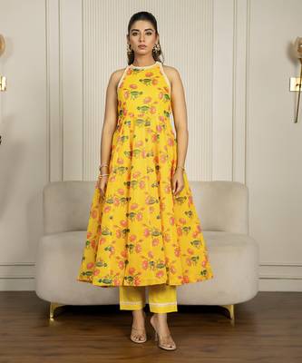 Yellow chanderi floral printed anarkali set 3