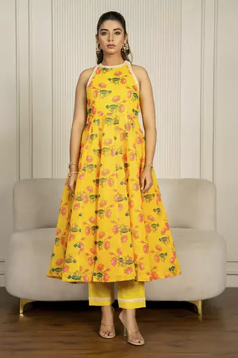 Yellow chanderi floral printed anarkali set