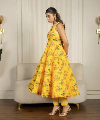 Yellow chanderi floral printed anarkali set 4