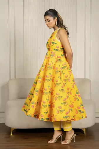 Yellow chanderi floral printed anarkali set