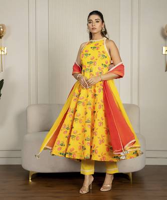 Yellow chanderi floral printed anarkali set 5