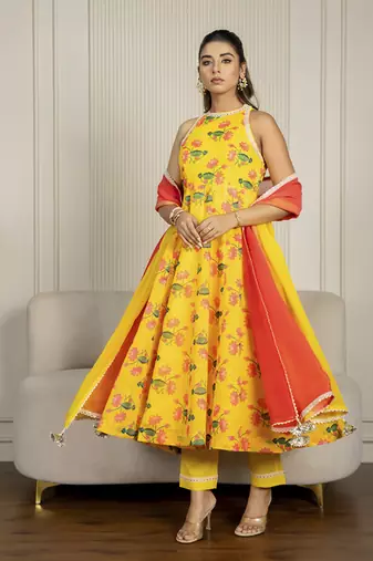 Yellow chanderi floral printed anarkali set
