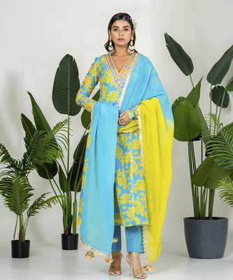 Teal blue & yellow chanderi floral printed kurta set 1