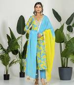 Teal blue & yellow chanderi floral printed kurta set