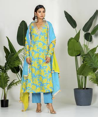 Teal blue & yellow chanderi floral printed kurta set 2