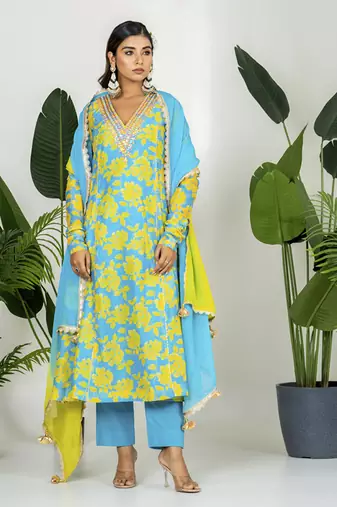 Teal blue & yellow chanderi floral printed kurta set