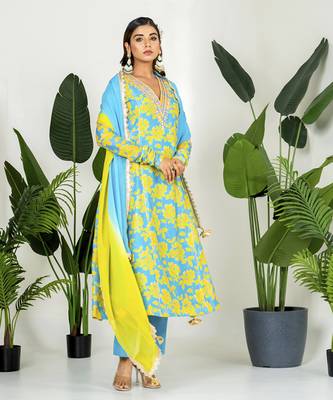Teal blue & yellow chanderi floral printed kurta set 3