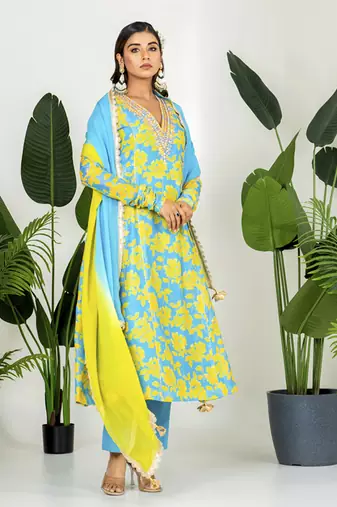 Teal blue & yellow chanderi floral printed kurta set