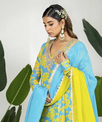 Teal blue & yellow chanderi floral printed kurta set 4