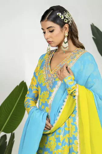 Teal blue & yellow chanderi floral printed kurta set