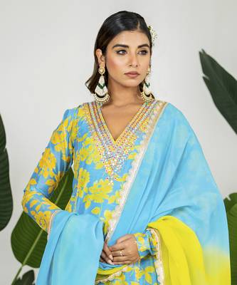 Teal blue & yellow chanderi floral printed kurta set 5