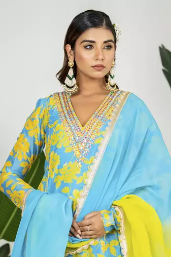 Teal blue & yellow chanderi floral printed kurta set