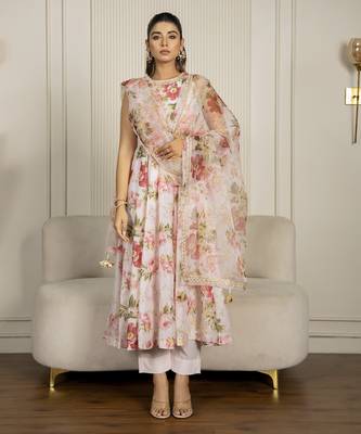 Peach chanderi floral printed anarkali set 1