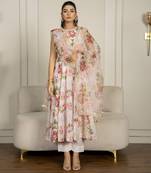 Peach chanderi floral printed anarkali set