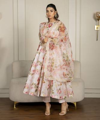 Peach chanderi floral printed anarkali set 2