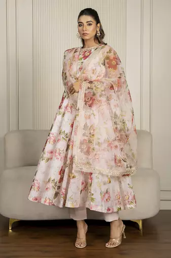 Peach chanderi floral printed anarkali set