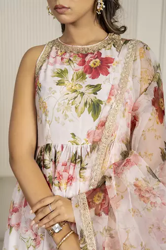 Peach chanderi floral printed anarkali set
