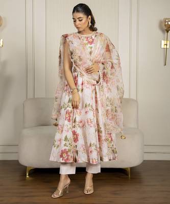 Peach chanderi floral printed anarkali set 4
