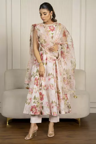 Peach chanderi floral printed anarkali set