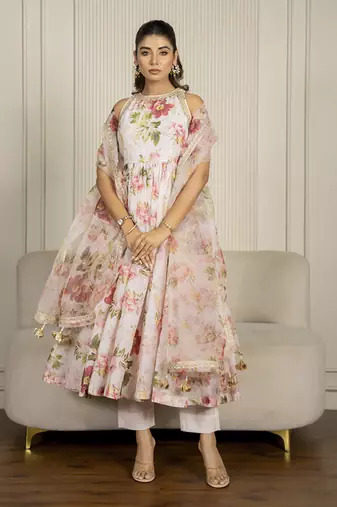 Peach chanderi floral printed anarkali set