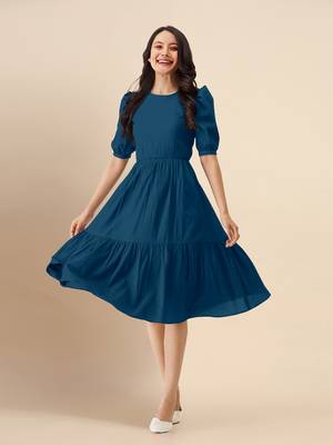 Trendmalls satin cotton round neck half puff sleeve mini western dress 1
