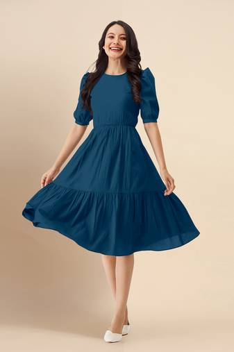 satin cotton round neck half puff sleeve mini western dress