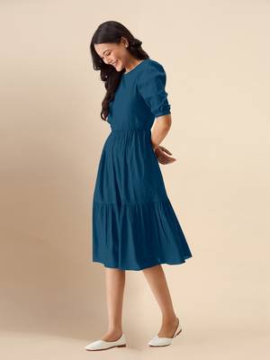 Trendmalls satin cotton round neck half puff sleeve mini western dress 3