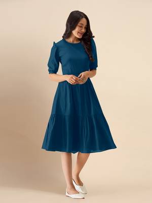 Trendmalls satin cotton round neck half puff sleeve mini western dress 4