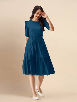 Trendmalls satin cotton round neck half puff sleeve mini western dress 5