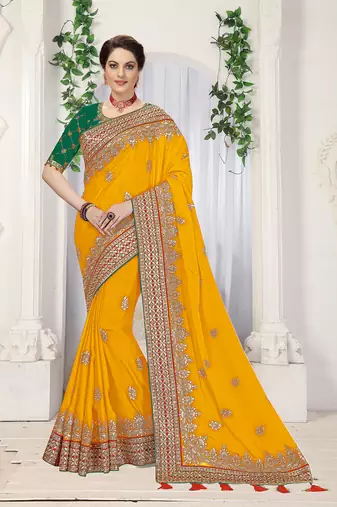 Women's Lemon Satin Embroidery Saree with Unstitched Blouse Piece