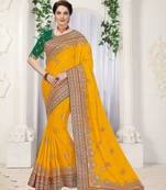 Trendmalls Women's Lemon Satin Embroidery Saree with Unstitched Blouse Piece