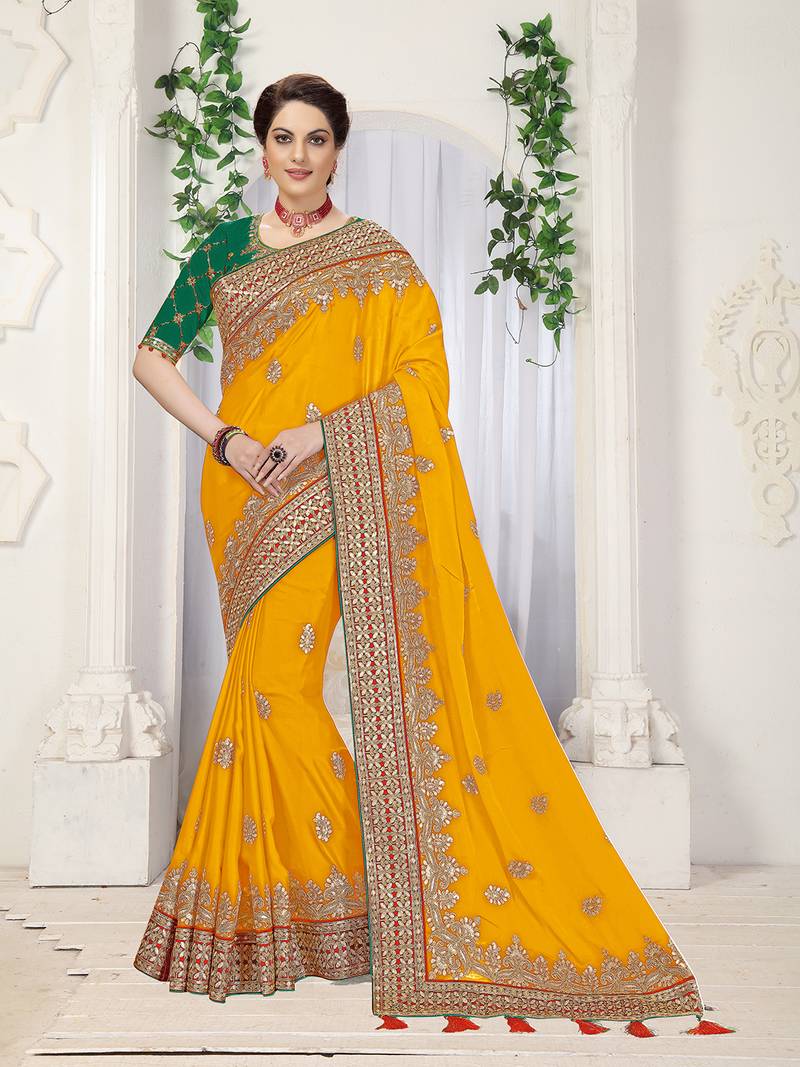 Women's Lemon Satin Embroidery Saree with Unstitched Blouse Piece