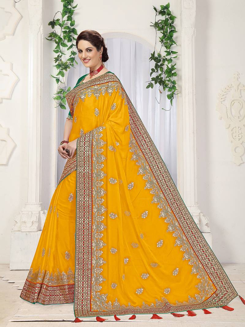 Women's Lemon Satin Embroidery Saree with Unstitched Blouse Piece