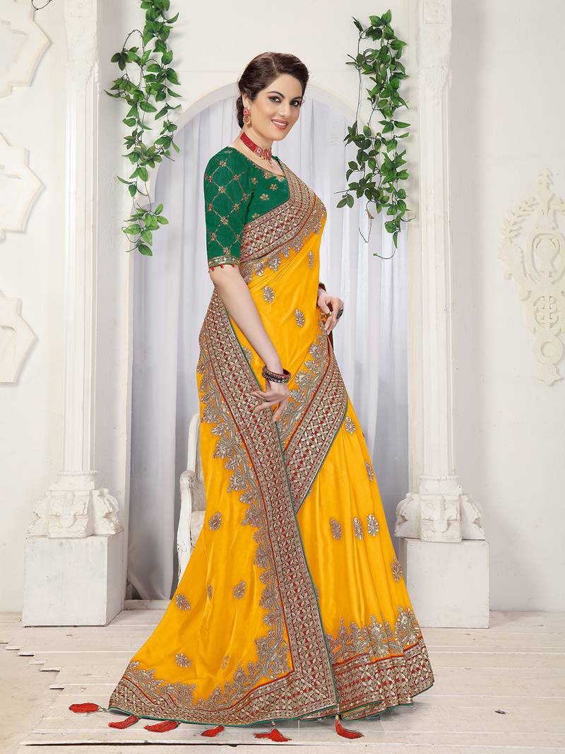 Women's Lemon Satin Embroidery Saree with Unstitched Blouse Piece