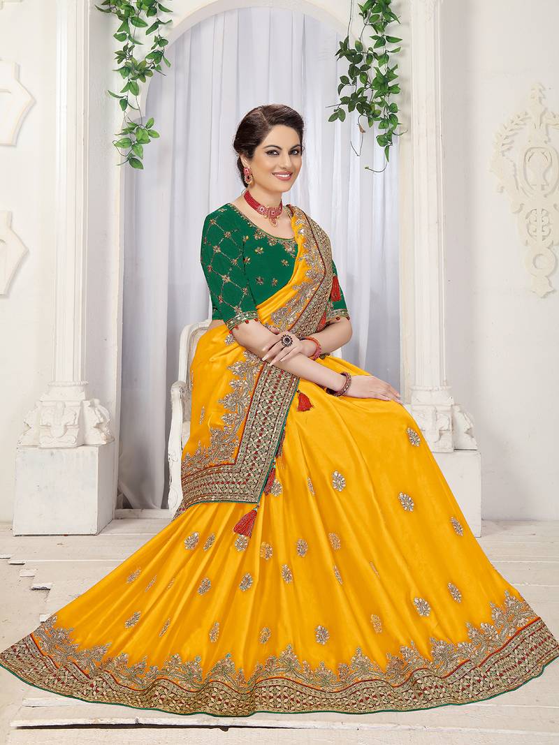 Women's Lemon Satin Embroidery Saree with Unstitched Blouse Piece
